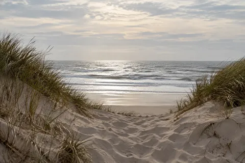 A low opening between grass-covered dunes reveals pale surf and a silver-lit sea.