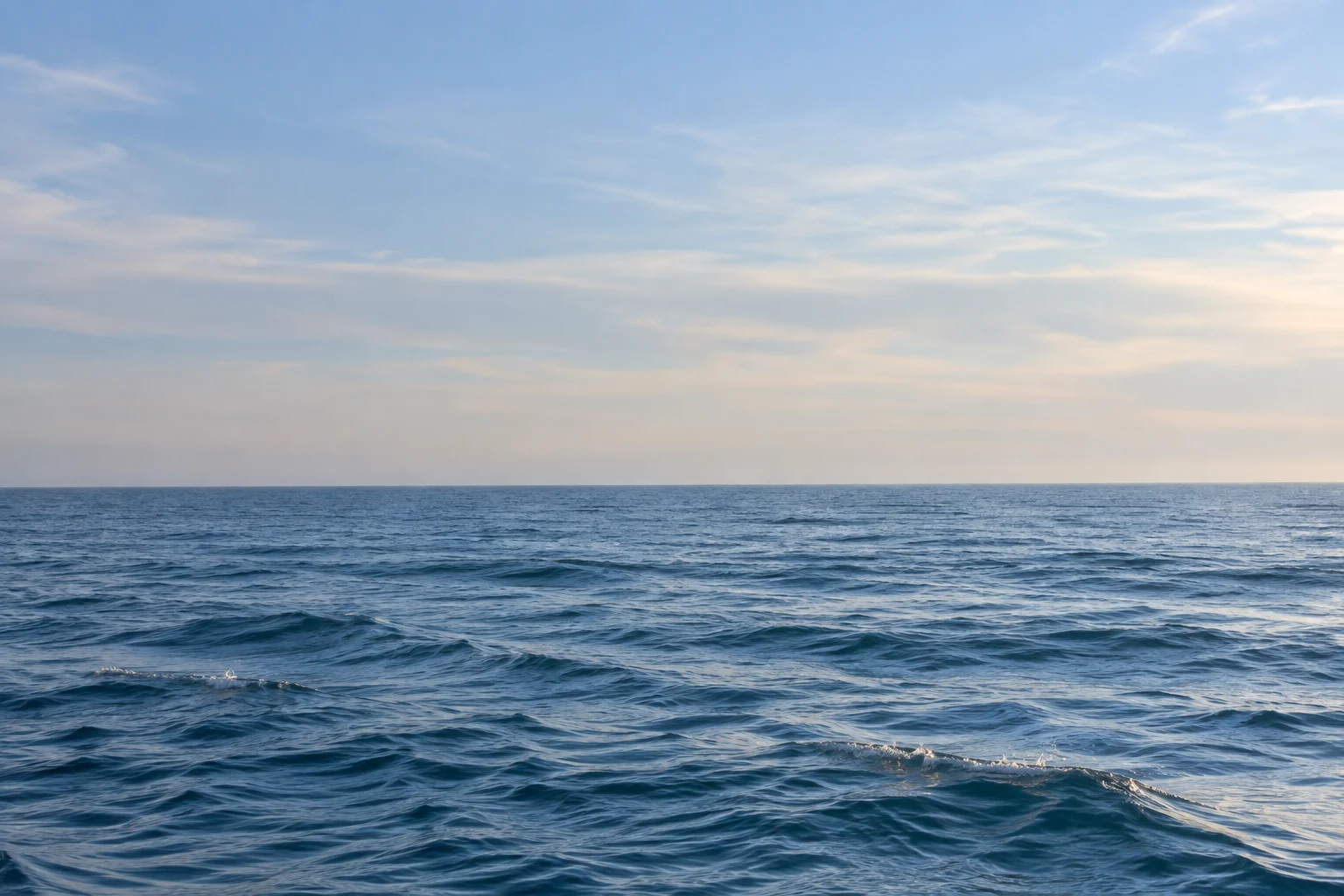 Small blue swells stretch toward a straight horizon under a broad pale blue sky.