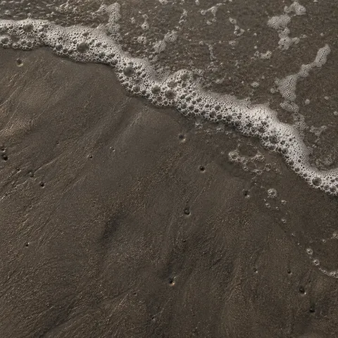 A thin diagonal fringe of foam rests on dark wet sand dotted with tiny water pits.