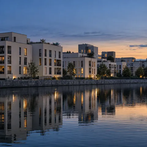 Low cream buildings with scattered warm windows beside a canal under a blue dusk sky.