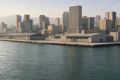 Anonymous tan concrete towers above two low warehouses on an empty waterfront quay.