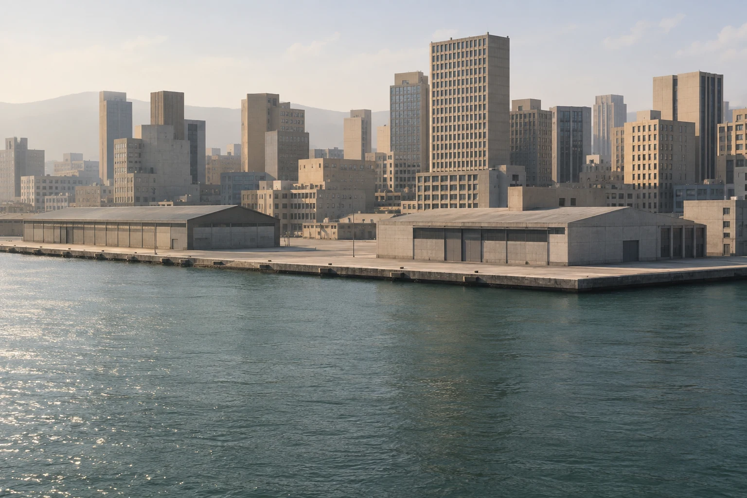 Anonymous tan concrete towers above two low warehouses on an empty waterfront quay.