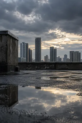 A shallow rooftop puddle reflects bright clouds beside a dark parapet and distant towers.