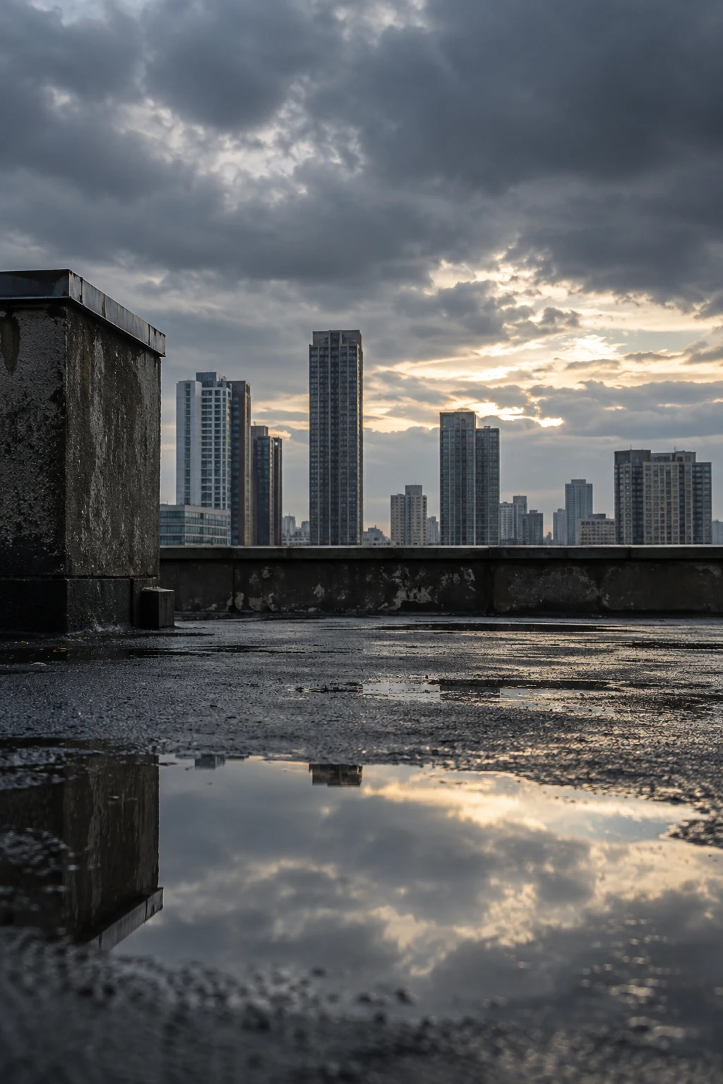 A shallow rooftop puddle reflects bright clouds beside a dark parapet and distant towers.