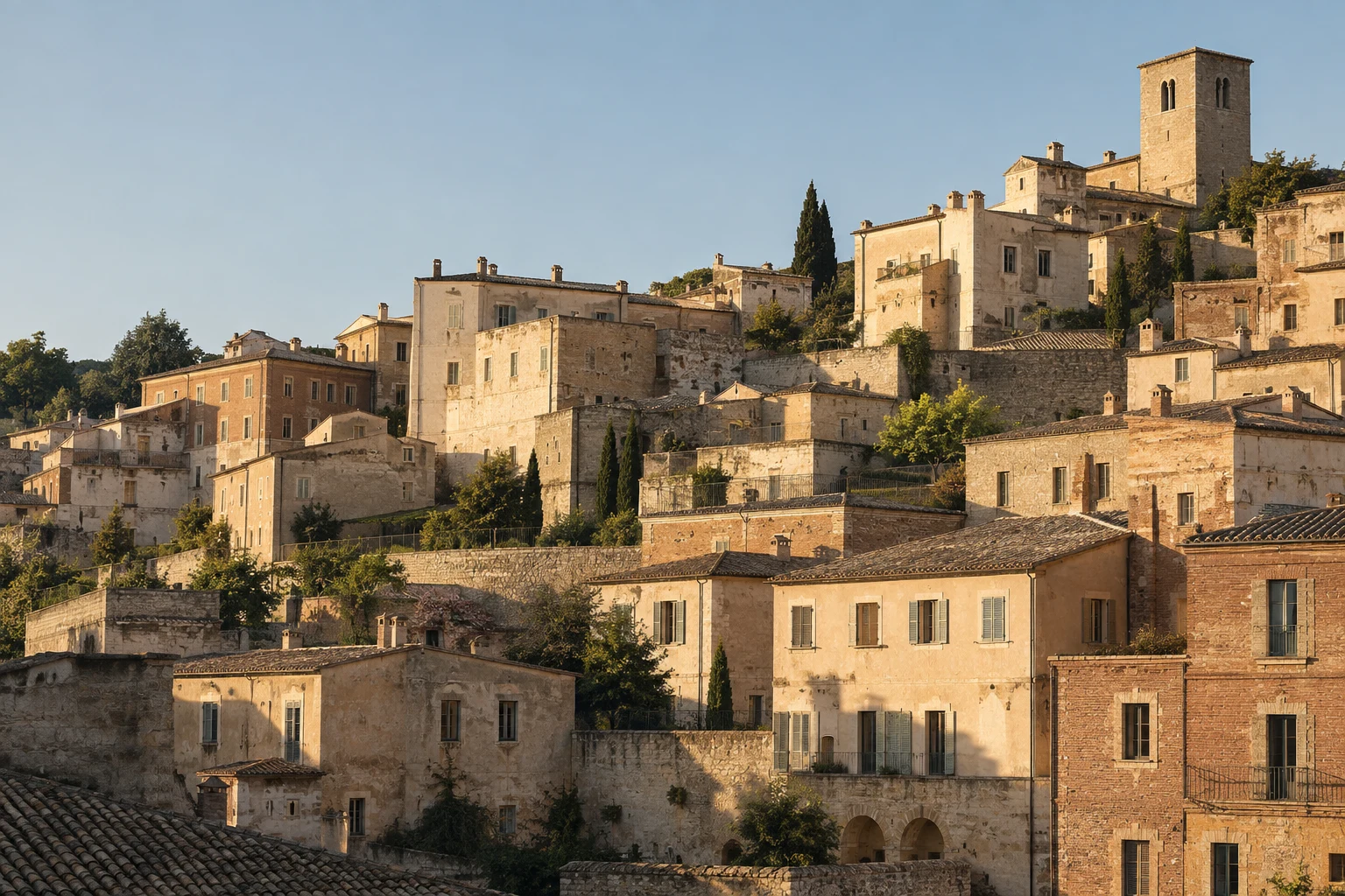 Terraced cream and terracotta buildings with shuttered windows, tiled roofs and a plain square tower.
