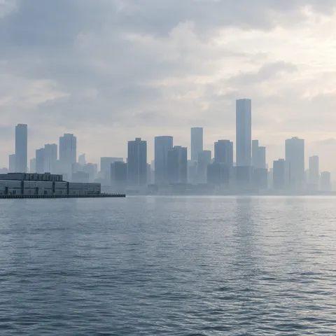 A hazy anonymous skyline behind a low waterfront warehouse and cool blue-gray water.