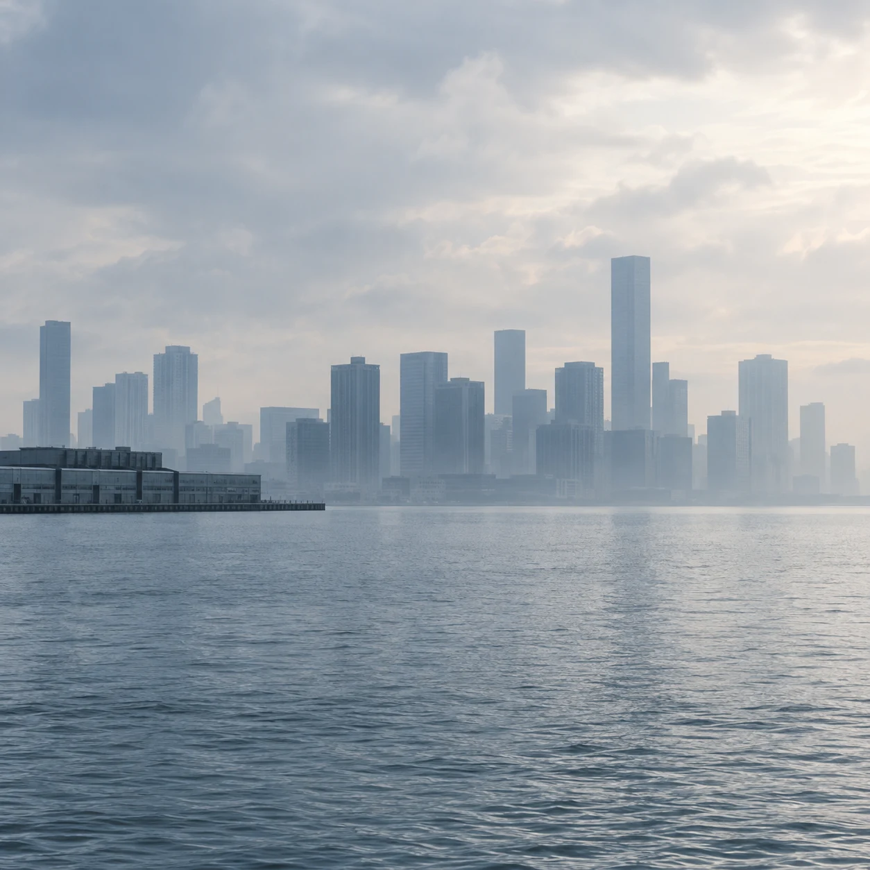 A hazy anonymous skyline behind a low waterfront warehouse and cool blue-gray water.