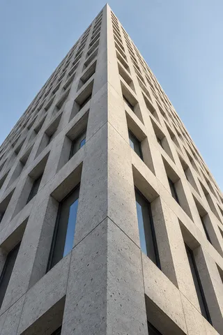 An upward view along a pale mineral facade with deep window recesses and converging panel lines.