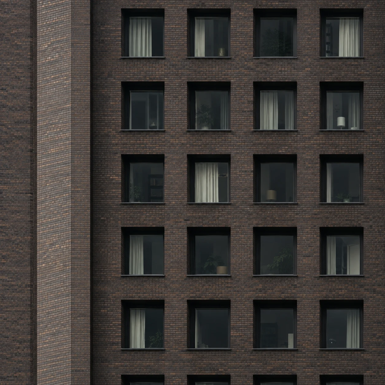 A close view of dark brown brickwork with aligned square windows and varied pale curtains.