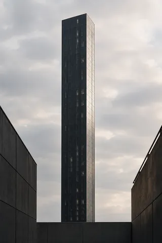A narrow charcoal tower with a pale side plane framed by dark near walls under soft clouds.