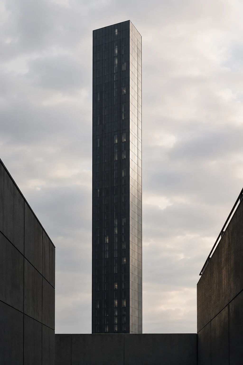 A narrow charcoal tower with a pale side plane framed by dark near walls under soft clouds.