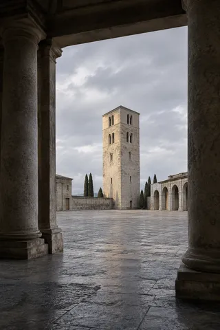 Dark foreground stone columns frame a pale tower and quiet courtyard under a clouded sky.