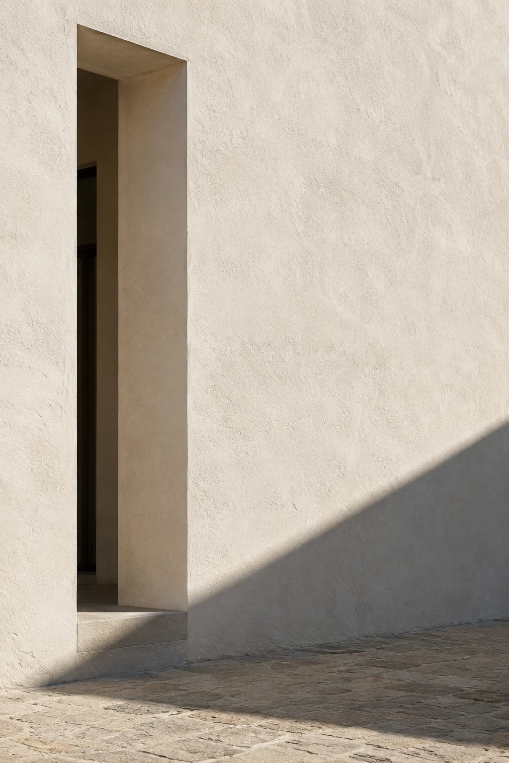 A tall recessed opening and diagonal shade on a warm white plaster wall above worn paving.