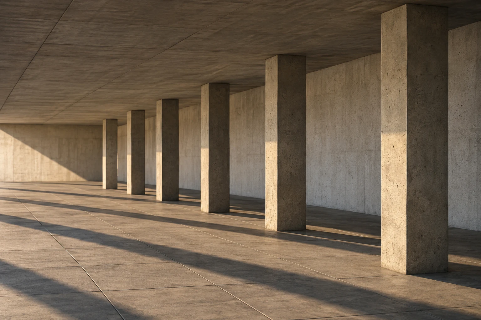 Six square concrete columns recede across a quiet paved floor in warm side light.