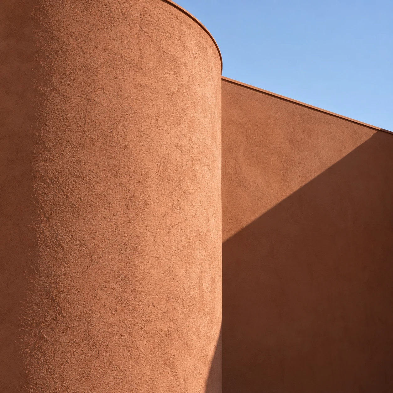Close terracotta stucco architecture with a curved foreground wall, diagonal shadow and small blue sky opening.