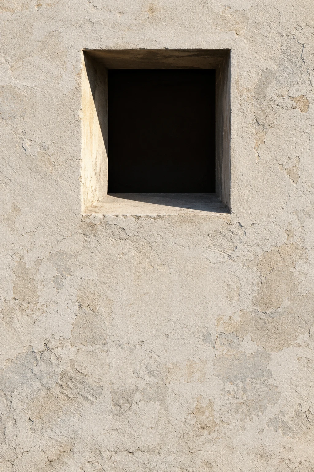 A deep dark window opening with a sunlit reveal in worn pale plaster.