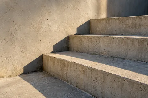 Three pale concrete steps with crisp diagonal shadows and fine worn surface detail.