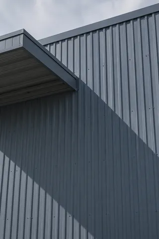 Close corrugated metal wall and canopy with a large diagonal shadow and visible fasteners.