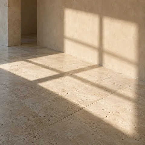 Window-grid light falls across a quiet plaster wall and textured pale stone paving.
