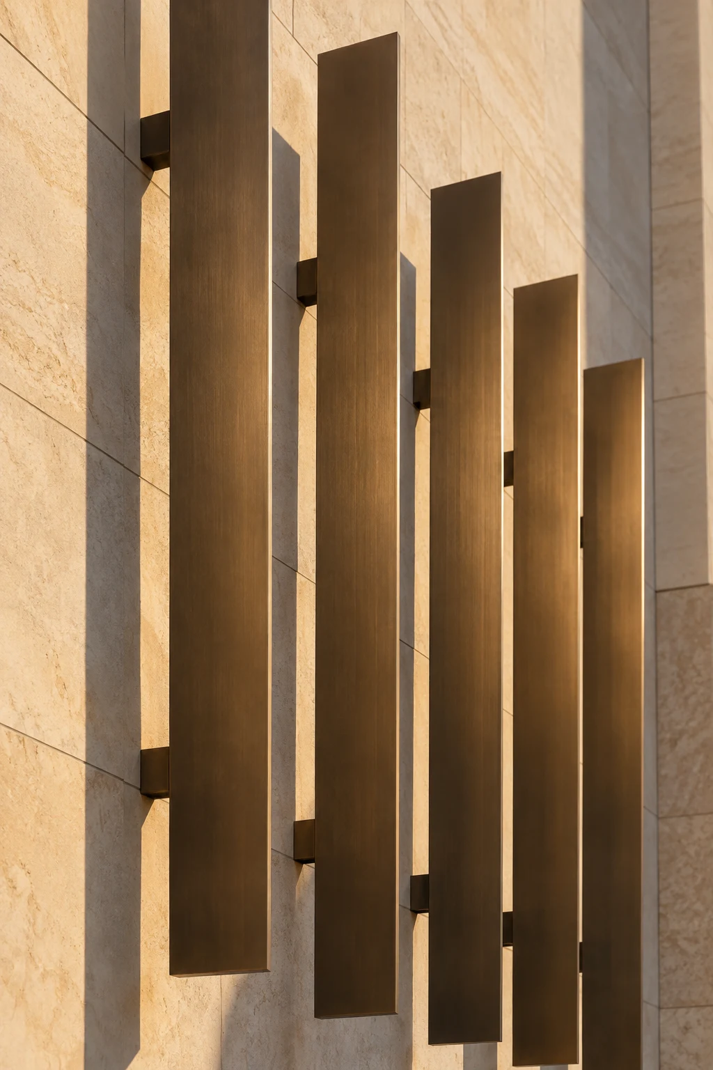 Five brushed bronze vertical fins mounted away from a pale wall in warm side light.