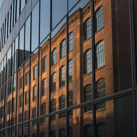 A red-brick warehouse reflected in dark glass panels with a separate clean mullion grid.