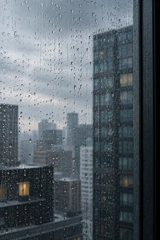 Irregular droplets on a close window with blurred gray buildings and small warm lights beyond.