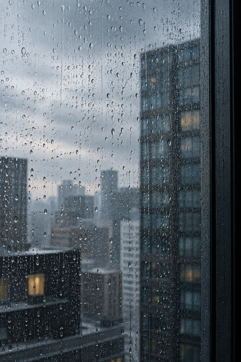 Irregular droplets on a close window with blurred gray buildings and small warm lights beyond.