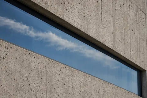 A deeply inset horizontal glass strip with a pale cloud reflection in a textured concrete wall.
