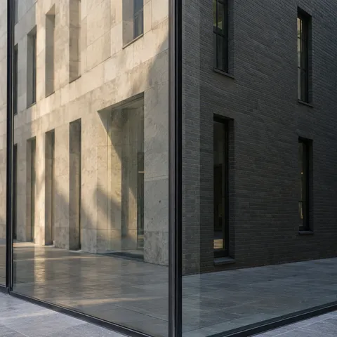 A dark glass corner divides reflections of a cream stone facade and charcoal brick wall.