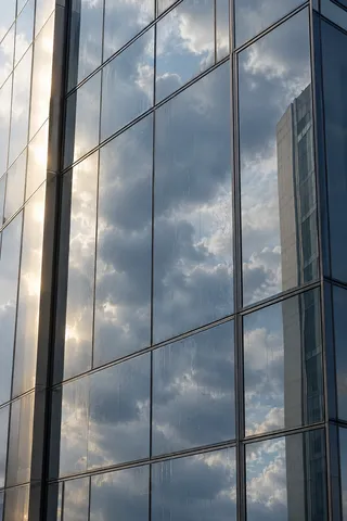 Tall glass panels with fine water streaks, cloud reflections and a pale neighboring building edge.
