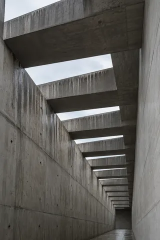 An upward view through a narrow weathered concrete passage with aligned overhead beams.