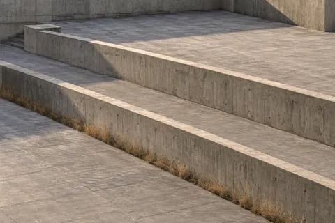 Long parallel concrete walls across stepped paving with dry grass along the nearest base.