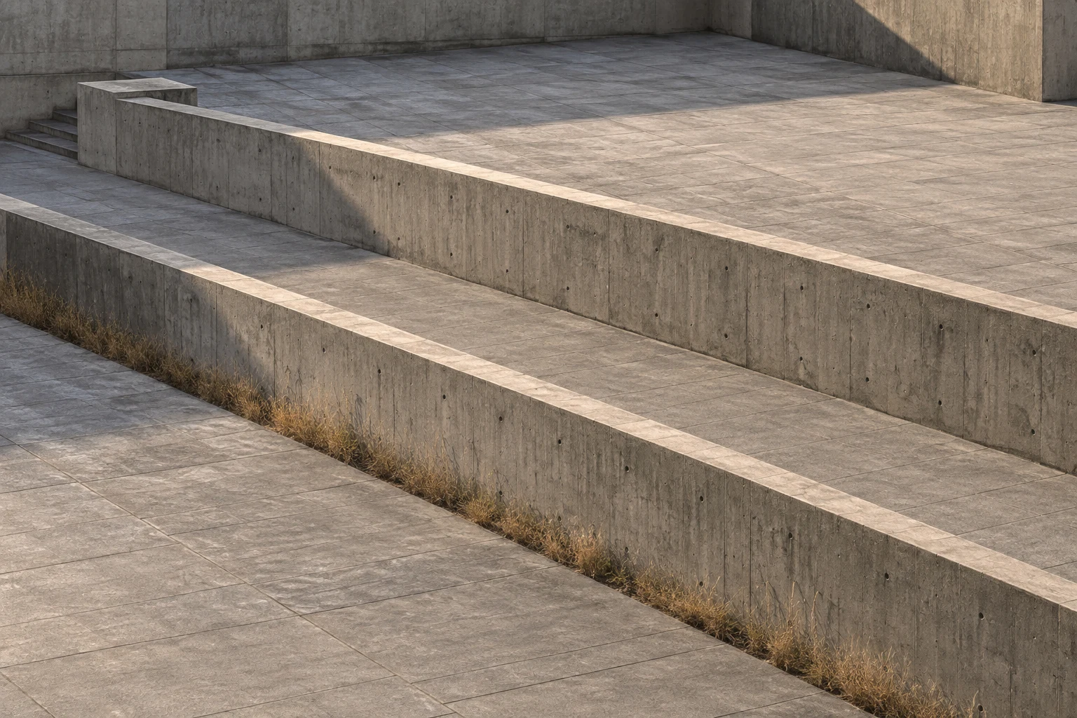 Long parallel concrete walls across stepped paving with dry grass along the nearest base.