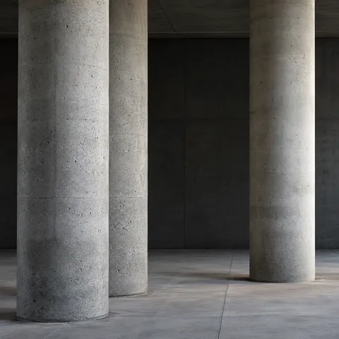 Two overlapping cylindrical columns at left and one separated column at right above a pale floor.