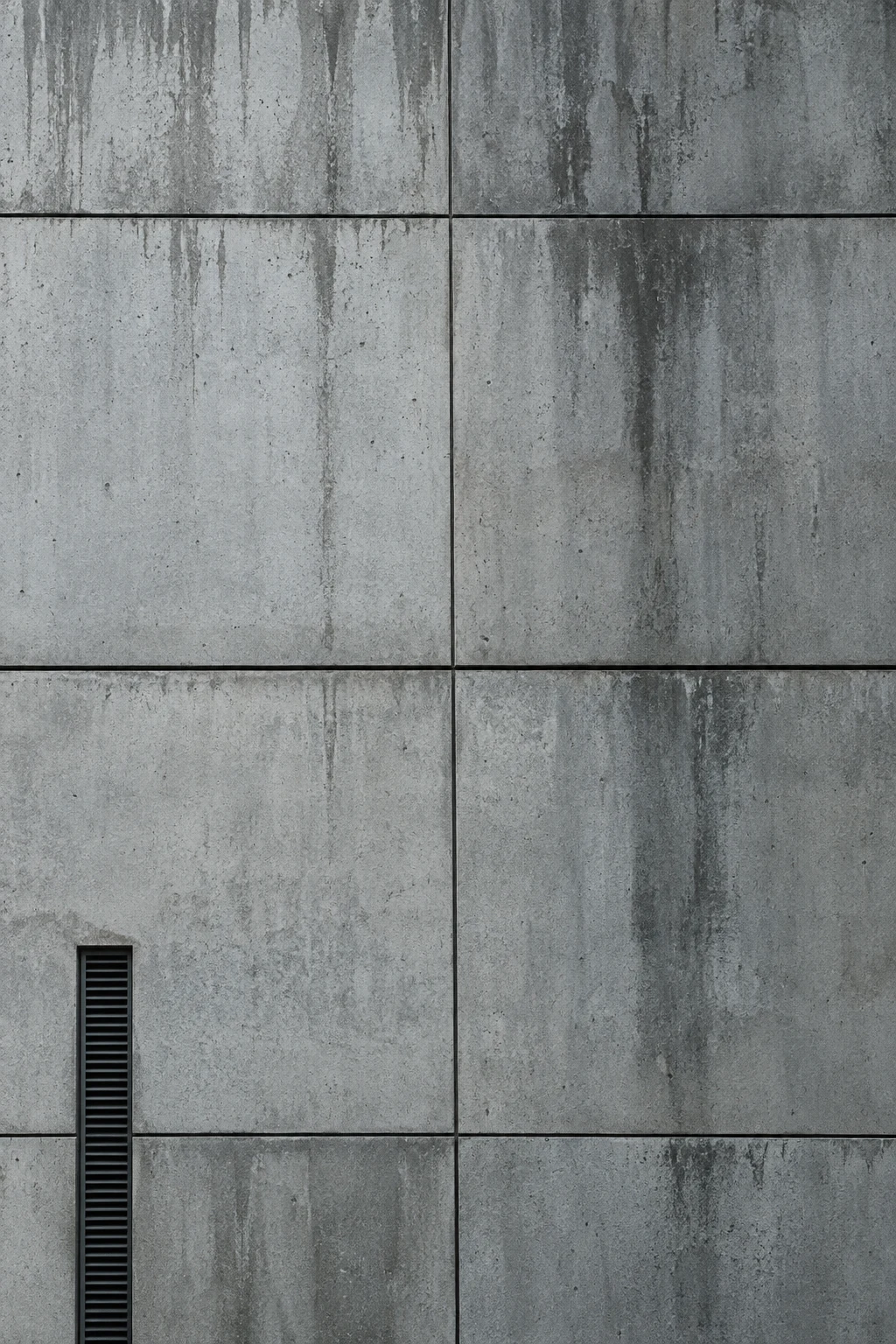 A close concrete panel facade with fine joints, uneven rain stains and a narrow dark ventilation grille.