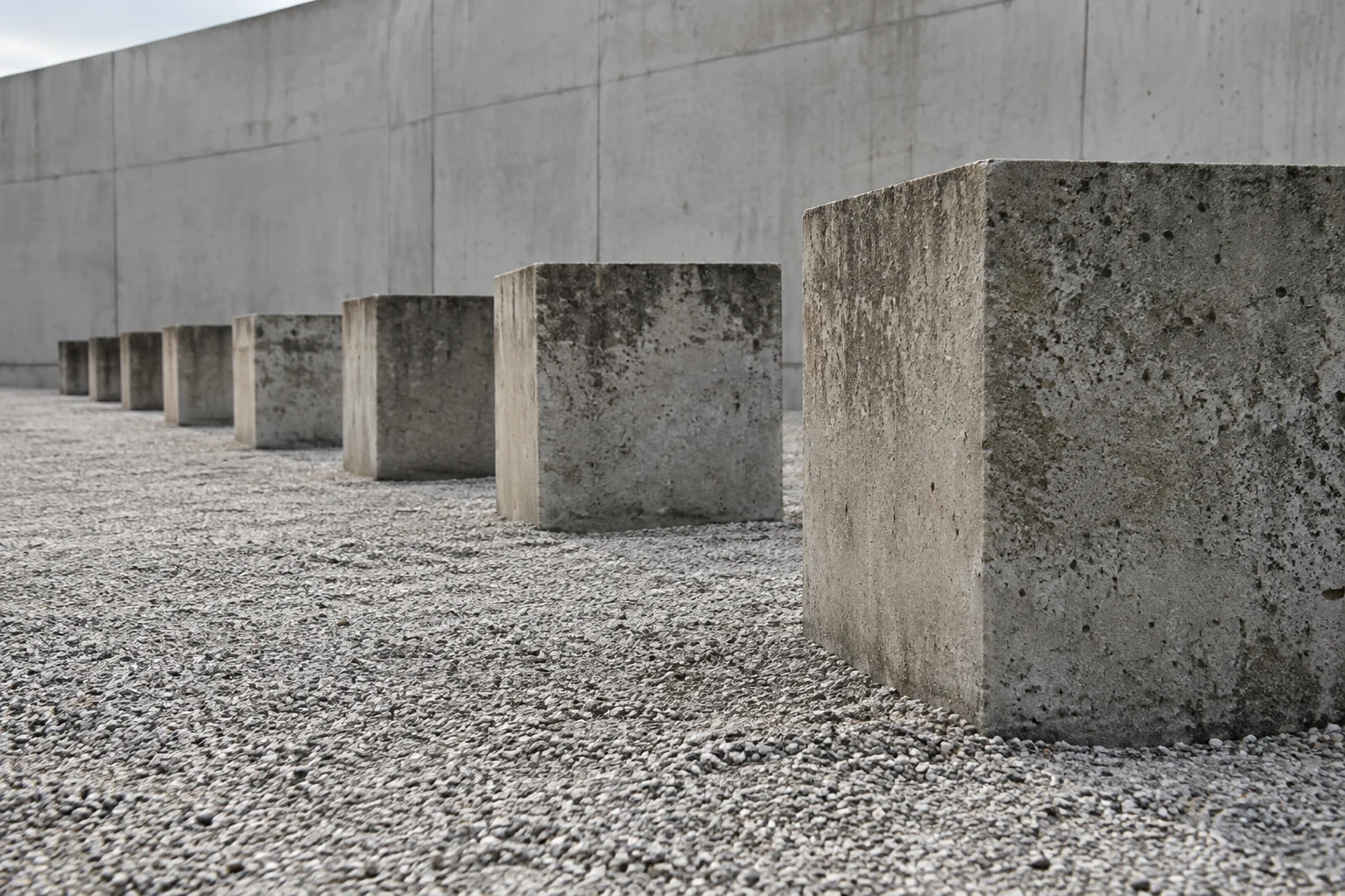 A row of rough square concrete piers on pale gravel beside a plain wall.