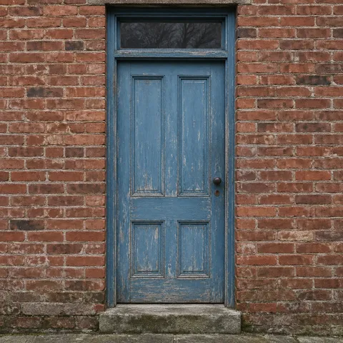 A weathered blue paneled door in red brick, with dark transom glass and a worn stone step.