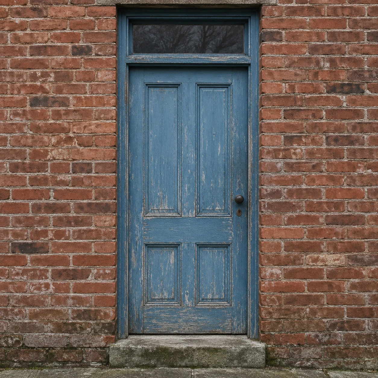 A weathered blue paneled door in red brick, with dark transom glass and a worn stone step.