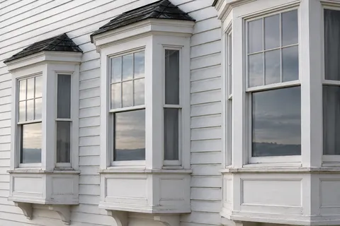 Three projecting white timber bay windows with dark small roofs and soft sky reflected in the glass.