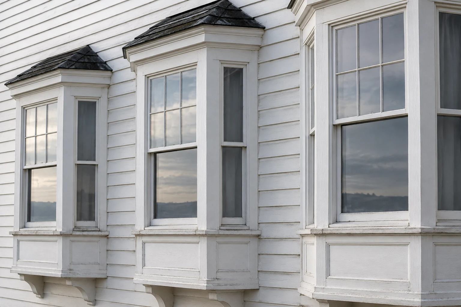 Three projecting white timber bay windows with dark small roofs and soft sky reflected in the glass.