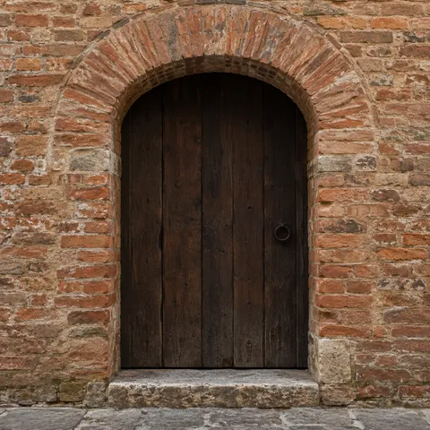 A recessed dark wooden door below a low brick arch and above a rough stone threshold.
