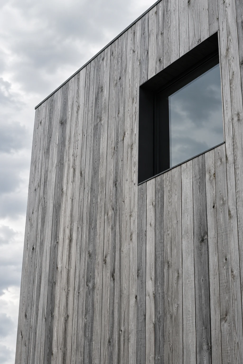 A close upward view of pale timber cladding with an inset black window reflecting clouds.