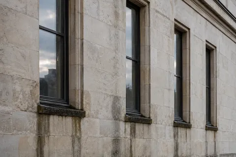 Four narrow dark windows in a pale limestone facade with rain-darkened sills and subtle sky reflections.