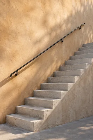 A straight concrete stair beside sunlit ochre plaster with a black wall-mounted handrail and soft tree shadows.