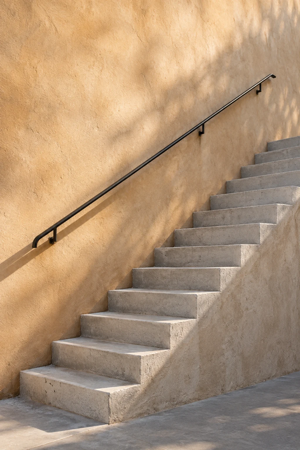 A straight concrete stair beside sunlit ochre plaster with a black wall-mounted handrail and soft tree shadows.