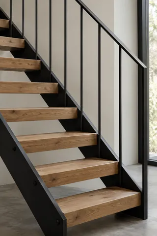 An open oak staircase supported by black steel stringers with slender vertical balusters beside a window.