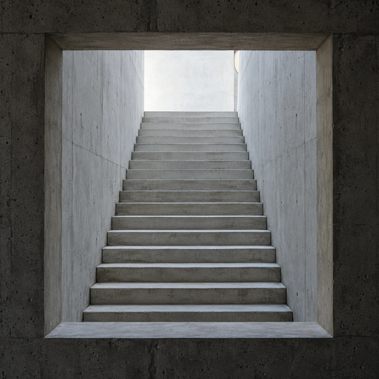 A pale straight staircase seen through a deep square opening in a darker concrete wall.