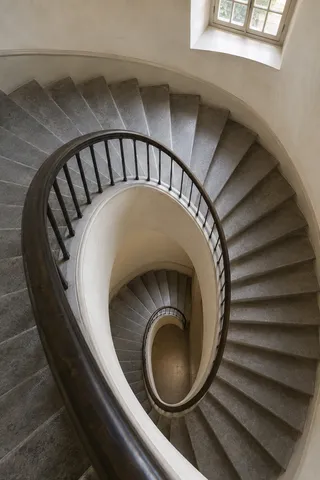 A downward view through an oval masonry stairwell with gray stone treads, a continuous dark handrail and soft window light.