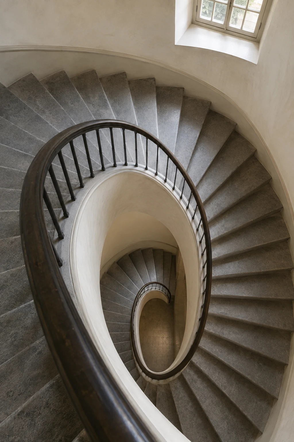 A downward view through an oval masonry stairwell with gray stone treads, a continuous dark handrail and soft window light.