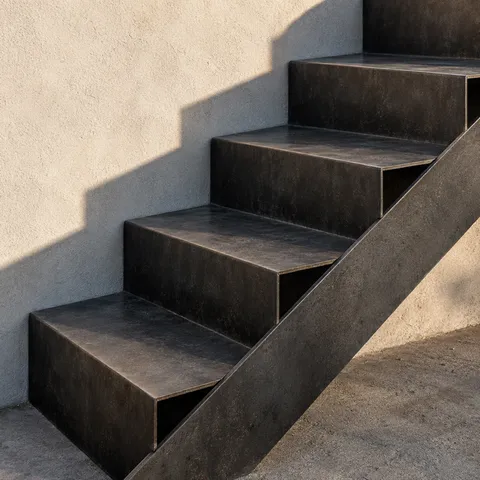 Four folded dark metal stair treads on a diagonal steel side plate with stepped shadows on a cream wall.